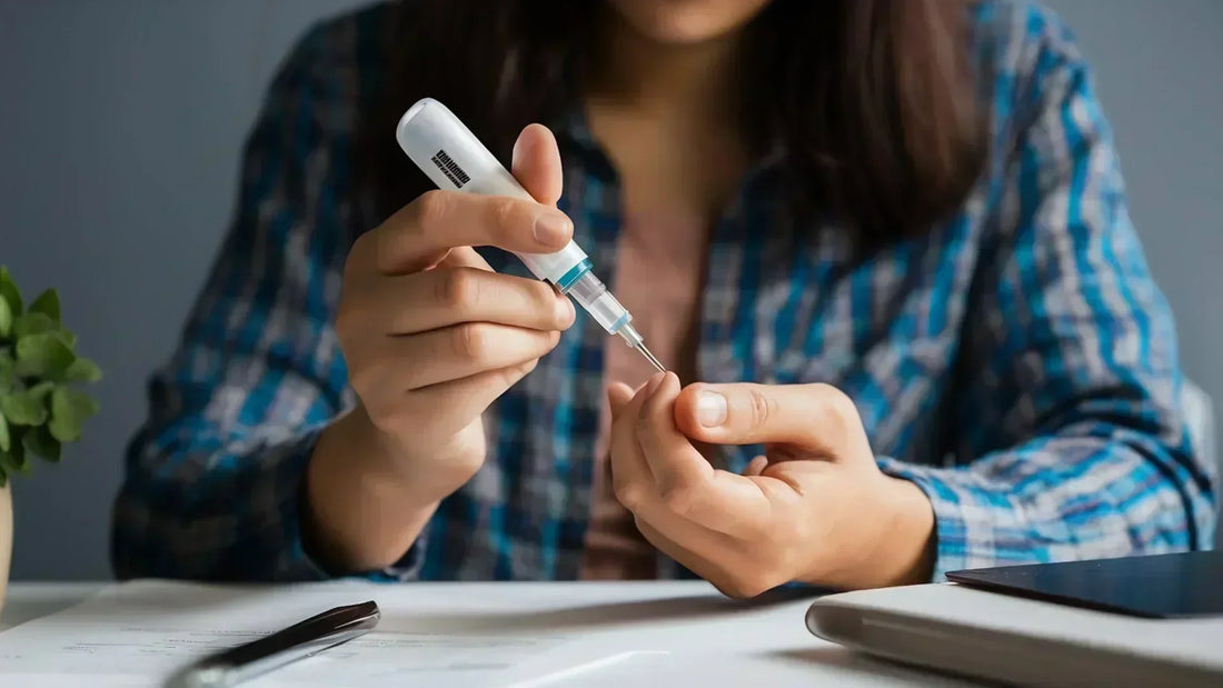 Woman holding a glucose meter and blood sample, representing insulin and blood sugar monitoring during fasting