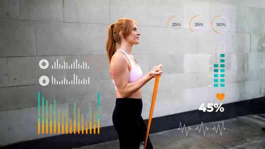 A woman exercising with a resistance band overlaid with fitness tracking data and performance metrics, representing the data-driven approach to personalized fitness programming in a longevity program