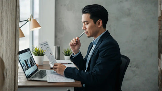 A business professional in a suit working at a desk with a laptop and documents, representing the high-pressure demands on executives that make proactive health optimization programs essential for long-term performance