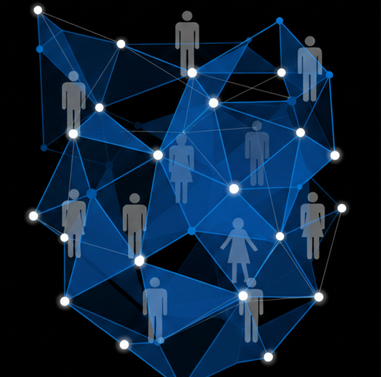 Connected community network representing medical cost sharing - blue geometric nodes with people on black background