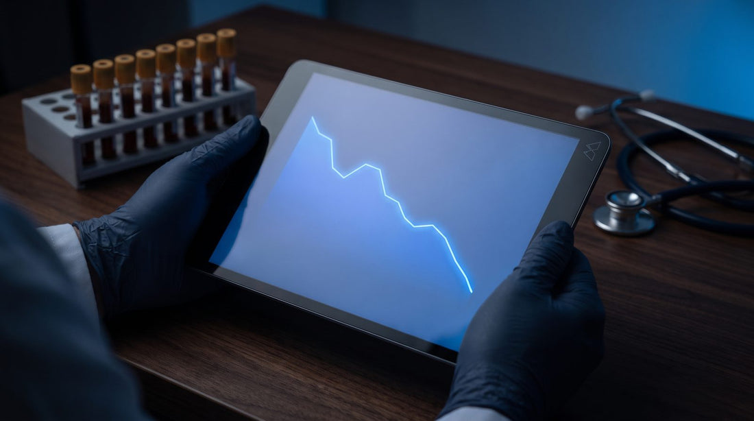 Physician reviewing a downward-trending lab marker chart on a tablet